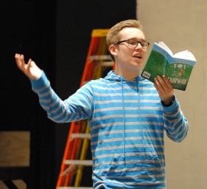 Sophomore Matthew Kertzman rehearses lines in the theater. “I like this role because it is nothing like any role I’ve ever played before,” Kertzman said.