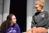 At one of their usual after-school rehearsals, junior Leah Dolgin and senior Mary Carter go through their lines on the set in the theater. Antigone, which will debut Wed, Sept. 14, will cost $5 for ITS members, $7 for students, and $10 for adults.